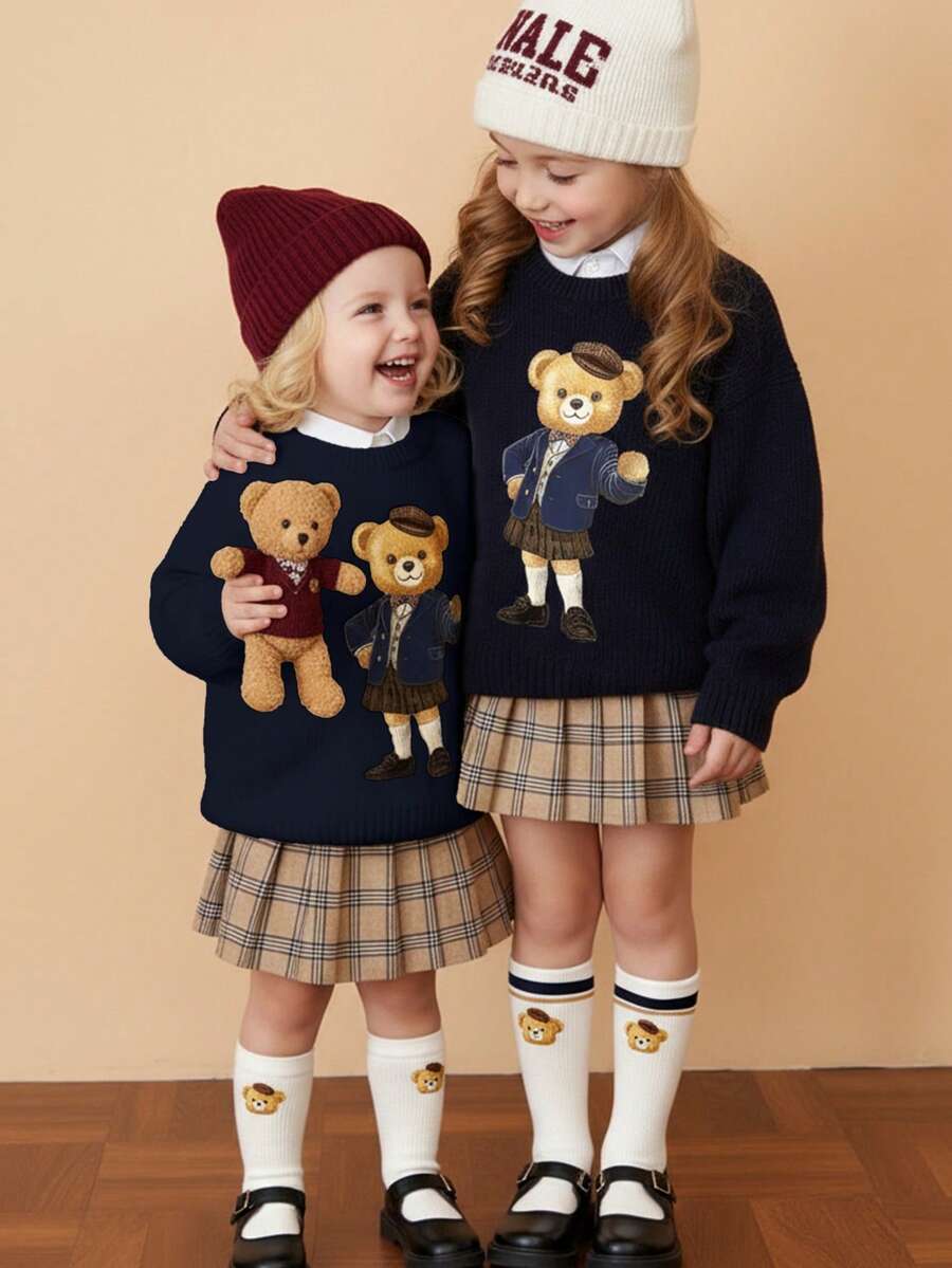 1 Áo len Raglan họa tiết gấu hoạt hình đơn giản cho bé gái, thích hợp mặc hàng ngày và đi học - Màu xanh hải quân - Xem 1