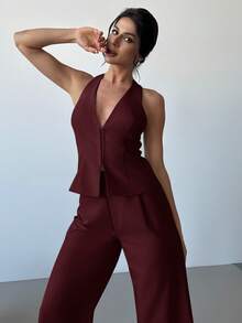 Firerie 两件套：优雅轻盈的亚麻裹身V领无袖背心和高腰褶裥阔腿裤，休闲商务通勤装，春夏、毕业典礼、教师装，秋冬返校季皆宜。 - 酒紅色 - 查看 2