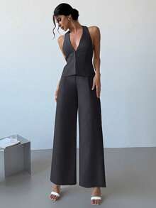 Firerie 两件套：优雅轻盈的亚麻裹身V领无袖背心和高腰褶裥阔腿裤，休闲商务通勤装，春夏、毕业典礼、教师装，秋冬返校季皆宜。 - 藏蓝色 - 查看 7