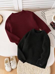 SHEIN 2 件套开学季男孩棕色和卡其色纹理宽松套头衫，适合休闲装、居家装和学校装 - 紅色 - 查看 5