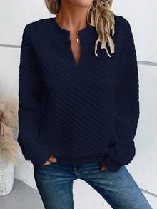 SHEIN LUNE Sudadera casual holgada de mujer de unicolor con cuello en V y manga larga - Azul Marino - Ver 3