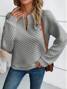 LanaWest Casual Solid Color Textured Notch Neck Sweatshirt, Autumn - Grey - View 4