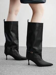 CUCCOO BIZCHIC 女士尖头搭扣设计时尚日常百搭高跟过膝长靴 - 黑色 - 查看 1
