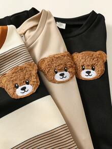 SHEIN Bộ 6 món/Bộ áo thun tay ngắn họa tiết gấu và sọc dễ thương dành cho bé trai/bé gái, phù hợp cho mùa xuân/hè, tiệc sinh nhật, đám cưới, tiệc chào đón em bé, lễ rửa tội - Màu Khaki - Xem 5