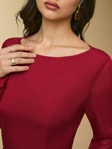 Poéselle Women's Red Round Neck Long Sleeve Waist Ruched Elegant Mid-Length Dress, Red Dress Women ,New Year Outfit,Christmas Dress ,Elegant Women's Dress, Christmas Party ,Party Outfit,Elegant Party,Suitable For Daily Wear, Going Out, Commuting,Fall/Winter - Burgundy - View 5