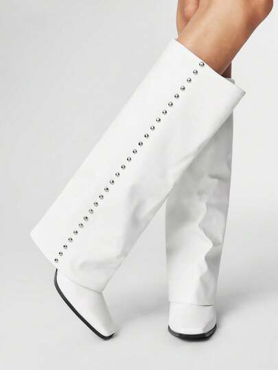 Grunge Punk Women's Studded Decor Fashion White Square Toe Slim Heel Over-The-Knee Boots