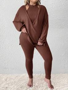 SHEIN LUNE Knitted Brushed Ribbed Long Sleeve T-Shirt, Halter Neck Tank Top And Pants Set, Plus Size - Brown - View 3