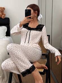 SHEIN Côtesoire Women's Apricot Square Neck Hollow Lace Trim Bow Tie, Soft & Comfortable Polka Dot Print Milk Silk Fabric Long Sleeve Pajama Set, Elegant & Romantic Loungewear Polka Dot Pajama Set Cute Sleep Wear Women - Apricot - View 5