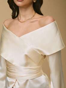 Poéselle Beige,Autumn,Elegant,Party Women's Ivory Off-Shoulder Satin Wrap Blouse,Cross-Front Long Sleeve Top With Waist-Cinching Sash,Luxe Silk-Feel Fabric,1pc - Apricot - View 2