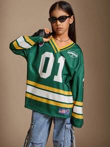 Radiana 青少年女孩休闲运动装数字图案大码长袖平纹T恤 - 綠色 - 查看 6