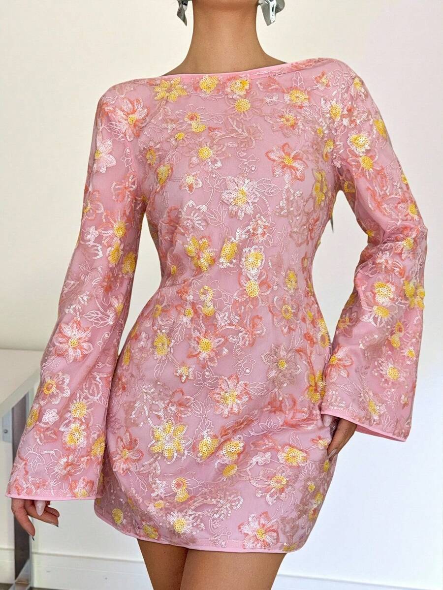 Chiquease Women's Pink Floral Sequin Boat Neck Bell Flare Sleeve Backless Elegant Fashion Mini Dress,Autumn Orchid Embroidered Floral Tea Party 60s Dress - Pink - View 1