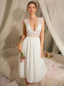 DelicateAllure 女式性感深 V 领撞色蕾丝无袖束腰睡袍，夏季 - 白色 - 查看 4