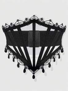 ROMWE Grunge Punk 1 件女式黑色网状蕾丝水钻吊坠系带装饰弹性腰带紧身胸衣连衣裙配饰，哥特风格万圣节服装 - 黑色 - 查看 12