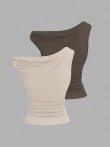 Sweetra 2pcs/Set Asymmetric Collar Fitted T-Shirt, Versatile Casual Top, Spring/Summer - Multicolor - View 2