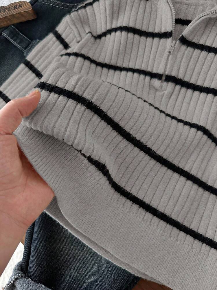 SHEIN 男童秋冬高领条纹拉链开衫毛衣，居家、上学、外出皆宜，米色和黑色 - 灰色 - 查看 8