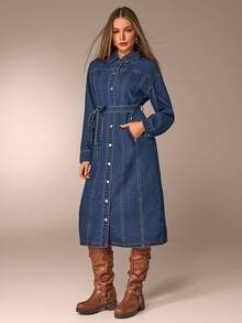 Avantive 长款牛仔连衣裙，配蓝色束腰带，新年服装，优雅连衣裙，休闲女装，节日女装 - 中等水洗藍 - 查看 4