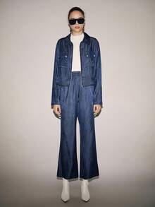 Lumivelle Women's Spring/Autumn Denim Effect American Cargo Style Style Pocket Jacket & High Waist Straight Leg Pants 2-Piece Set - Navy Blue - View 2