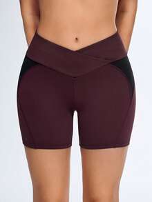 Gameset SHEIN Sport Damen Überlappende Taille Farbblock Yoga Shorts - Bordeaux - Übersicht 1