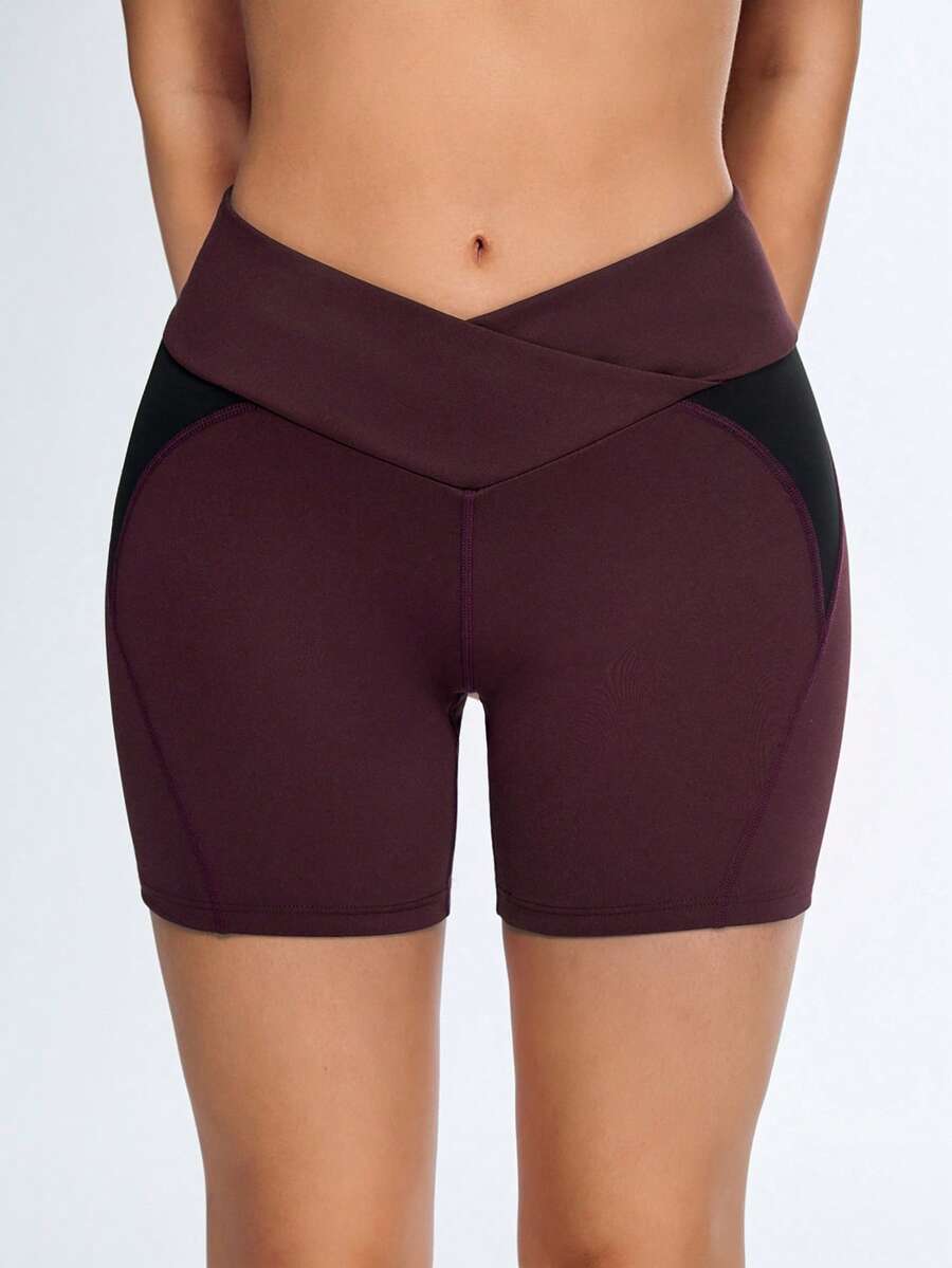 Gameset SHEIN Sport Damen Überlappende Taille Farbblock Yoga Shorts - Bordeaux - Übersicht 1