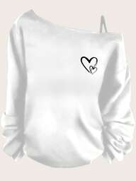 SHEIN LUNE Casual Minimalist Style White Double Heart Graphic Dropped Shoulder Long Sleeve T-Shirt For Women, Versatile For Autumn/Winter,Fall,Fall Clothes For Women,Women's Winter Clothes