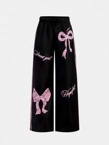 SHEIN Tween Girls' Woven Casual Street Style Bow Print Loose Straight Leg Black Pants, Back To School, Mommy And Me Matching Outfits, Y2K Summer Sweatpants - Black - View 7