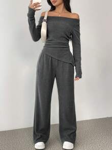 Juhart Bộ đồ hai mảnh Maxi hở vai xếp nếp kiểu Pháp thanh lịch dành cho nữ, cỡ lớn - Xám - Xem 1