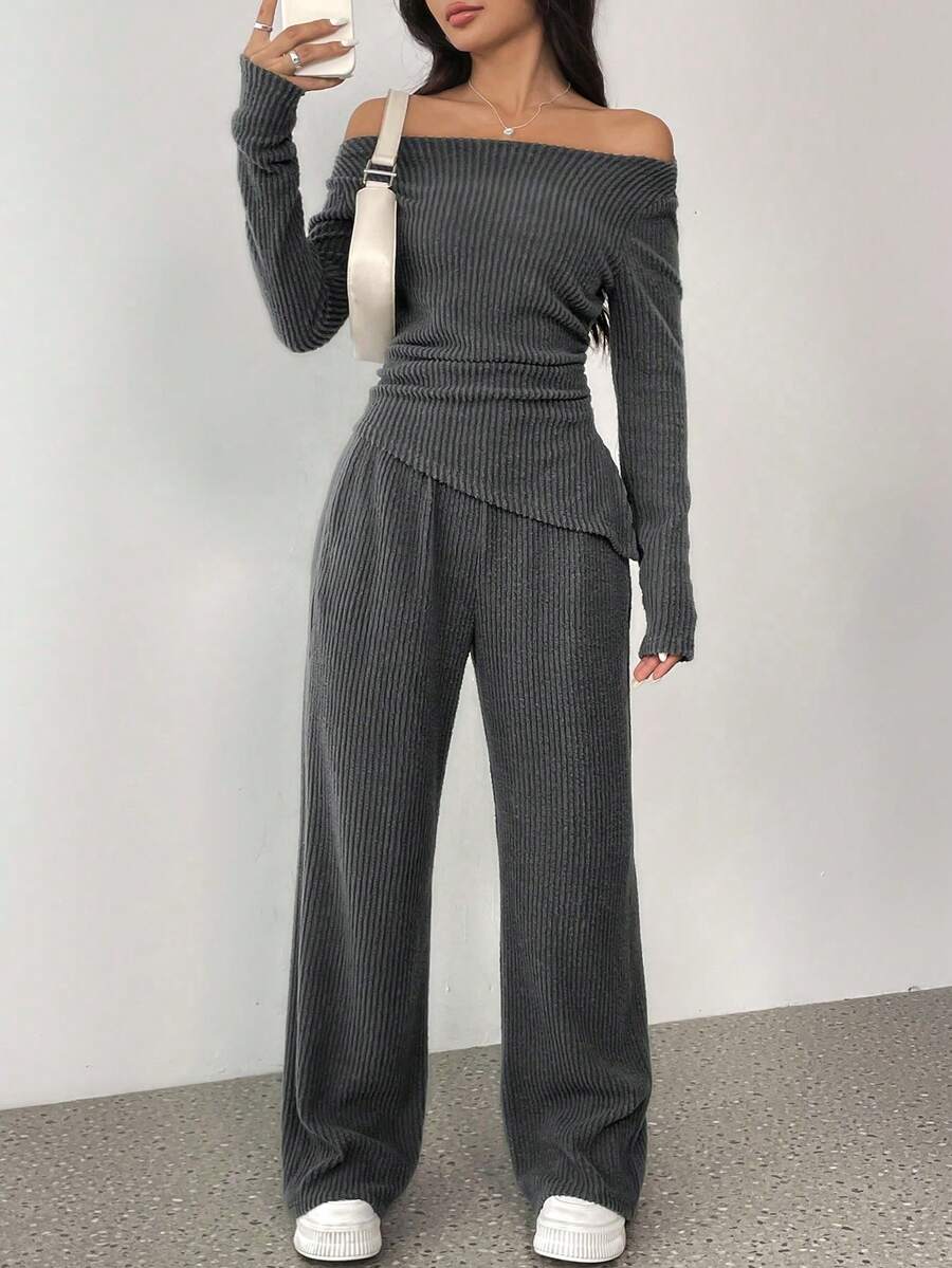 Juhart Bộ đồ hai mảnh Maxi hở vai xếp nếp kiểu Pháp thanh lịch dành cho nữ, cỡ lớn - Xám - Xem 1