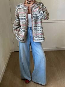 DAZY Women's Contrast Color Jacquard Loose Long Sleeve Round Neck Placket Elegant Formal Knit Cardigan, Autumn/Winter