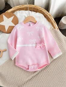 Baby Girl Casual, Fashionable And Cute Pink With Bow Pattern, Three-Dimensional Bow Decoration, Knitted Sweater Bodysuit, Soft And Comfortable, Suitable For Daily Scenes, Scenes, Travel Scenes Cozy Pixies Baby Girl Set Baby Girl Pink Romper Baby Girl Long Sleeve Romper Pink Bow Baby Outfit Newborn Baby Girl Clothes Winter Baby Girl Suit In Pink New Born Baby Girl Clothes Winter - Pink - View 14