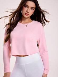 Sovereign Charm Camiseta Esportiva de Manga Longa com Costas Vazadas em Cor Sólida Casual - Rosa Bebê - Visão 4