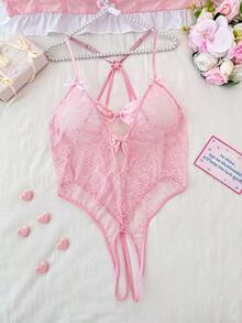 SHEIN 粉色蕾丝蝴蝶结装饰露背露裆性感连体衣 - 粉色 - 查看 1