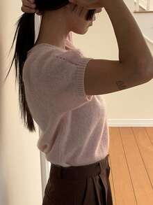 DAZY Loose Fit Short Puff Sleeve Lightweight Soft Knit Sweater For Women - Pink - View 6