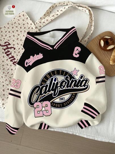 SHEIN 女童休闲复古字母数字徽章图案宽松圆领舒适针织长袖卫衣，适合秋冬季节穿着，女童服装，女童卫衣，女童校服，Capybara 女童服装，女童秋冬服装