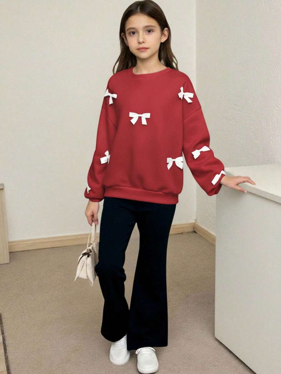 SHEIN 少女超大蝴蝶结装饰卫衣和修身喇叭裤套装 - 紅色 - 查看 1