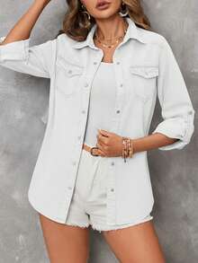 EMERY ROSE 女士休闲牛仔衬衫，街头风 - 白色 - 查看 3