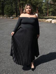Enliva Plus Size Women's Off-Shoulder Long Sleeve Dress, Pleated Patchwork Dress/Autumn /Winter - Black - View 8