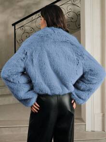 Anewsta 休闲拉链仿毛领外套 - 藍色 - 查看 2