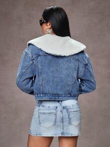 Jeanoix Women's Fuzzy Collar Long Sleeve Cropped Denim Washed Top, Autumn/Winter - Dark Wash - View 2