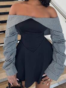 Alexandranx Kvinnors höst/vinter Collegiate Style Minimalistisk Bardot Ruched Midja Kontrastfärgad miniklänning, figursmickrande - Svart - Visa 4