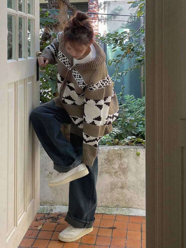 Women's Cardigan With Cozy Fair Isle Pattern, Elegant Design Hoodie