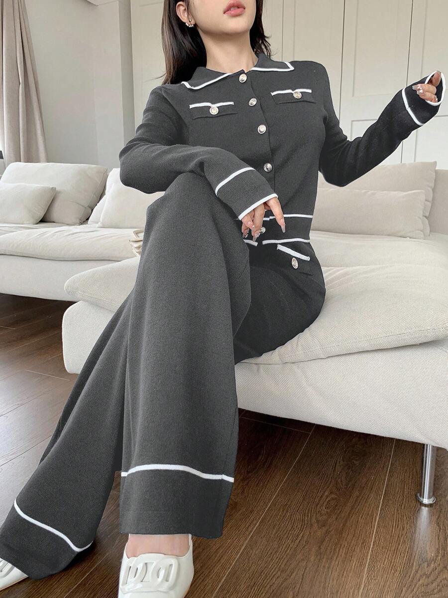 Feyla 2pcs Women Contrast Color Block Button Front Pocket Long Sleeve Top And Pants Set 2 Pieces Set In Fall/Winter - Dark Grey - View 1