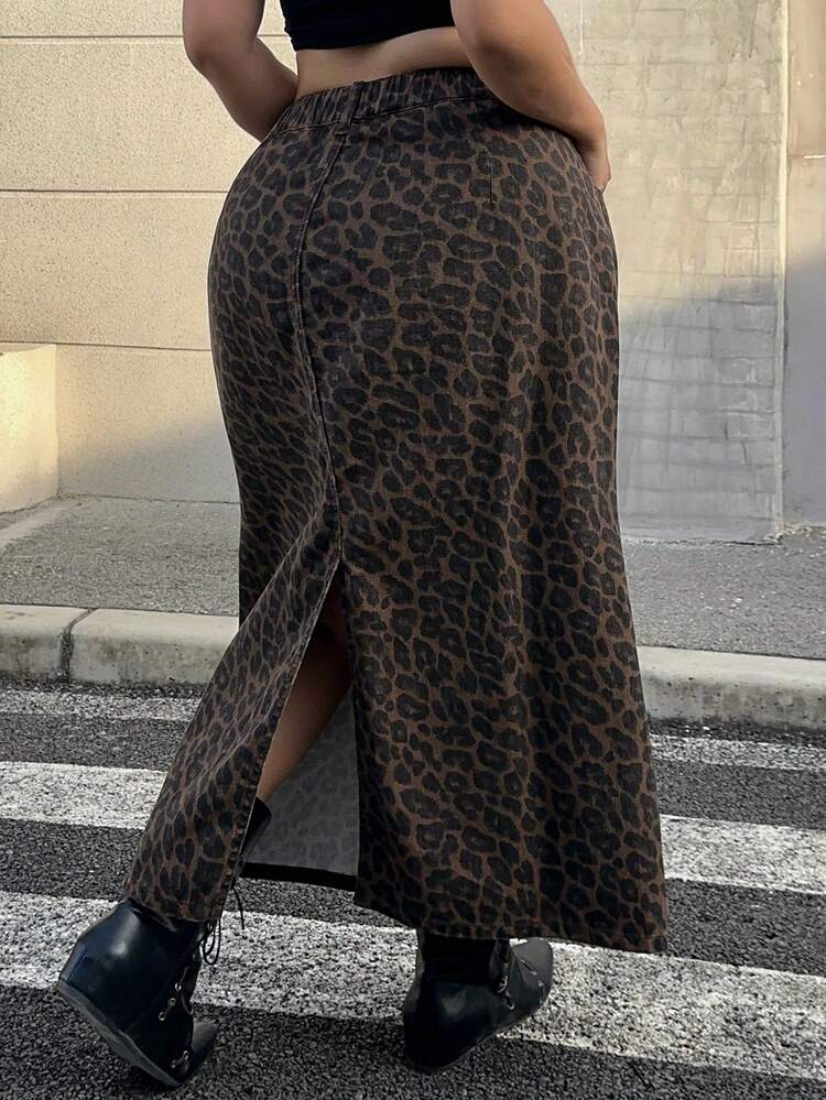 Dazy Plus Plus Size Leopard Print Denim Straight Long Skirt, Street Style, Spring/Autumn
