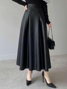 DAZY Women's Elegant High Waist A-Line PU Leather Skirt, Suitable For Commuting - Black - View 6