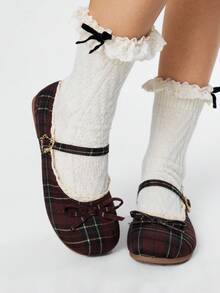 ROMWE Kawaii Women's Bow Decor Plaid Casual Flat Loafers