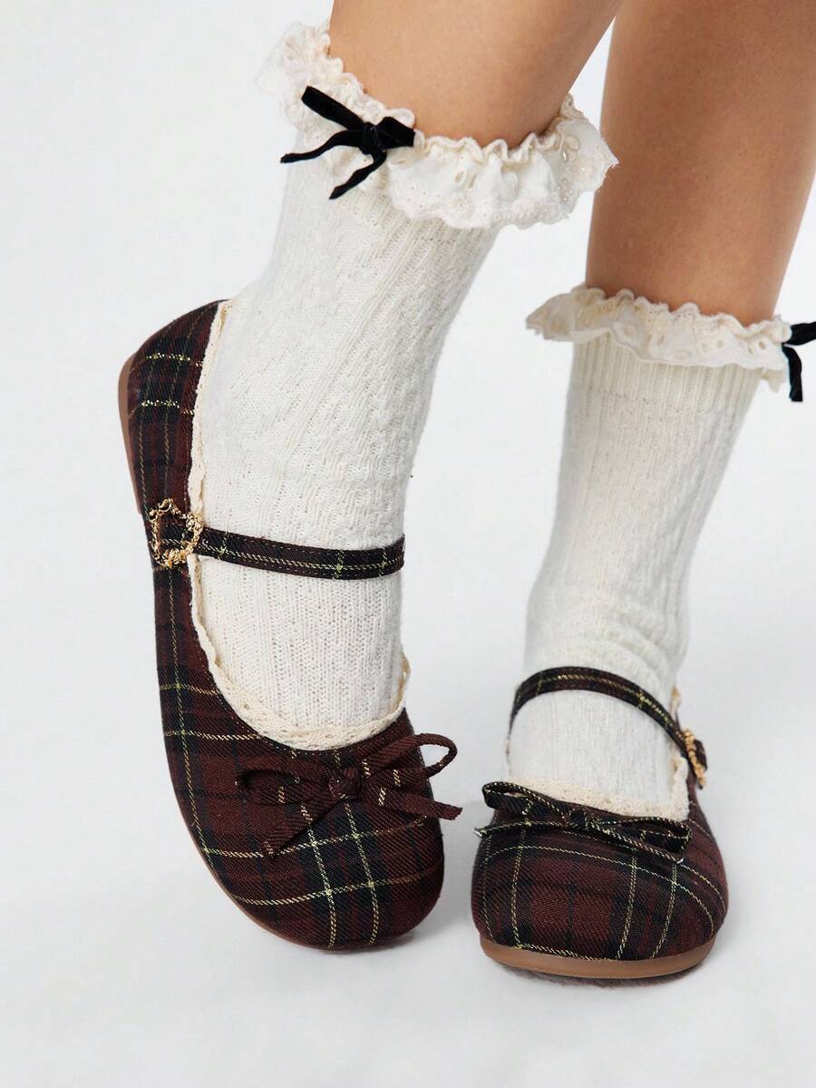 ROMWE Kawaii Women's Bow Decor Plaid Casual Flat Loafers