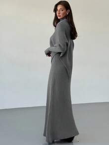 Aloruh Bộ 2 món áo len dệt kim màu tím dày mùa đông mới cho nữ, áo len dáng rộng, váy liền thân - Xám - Xem 2