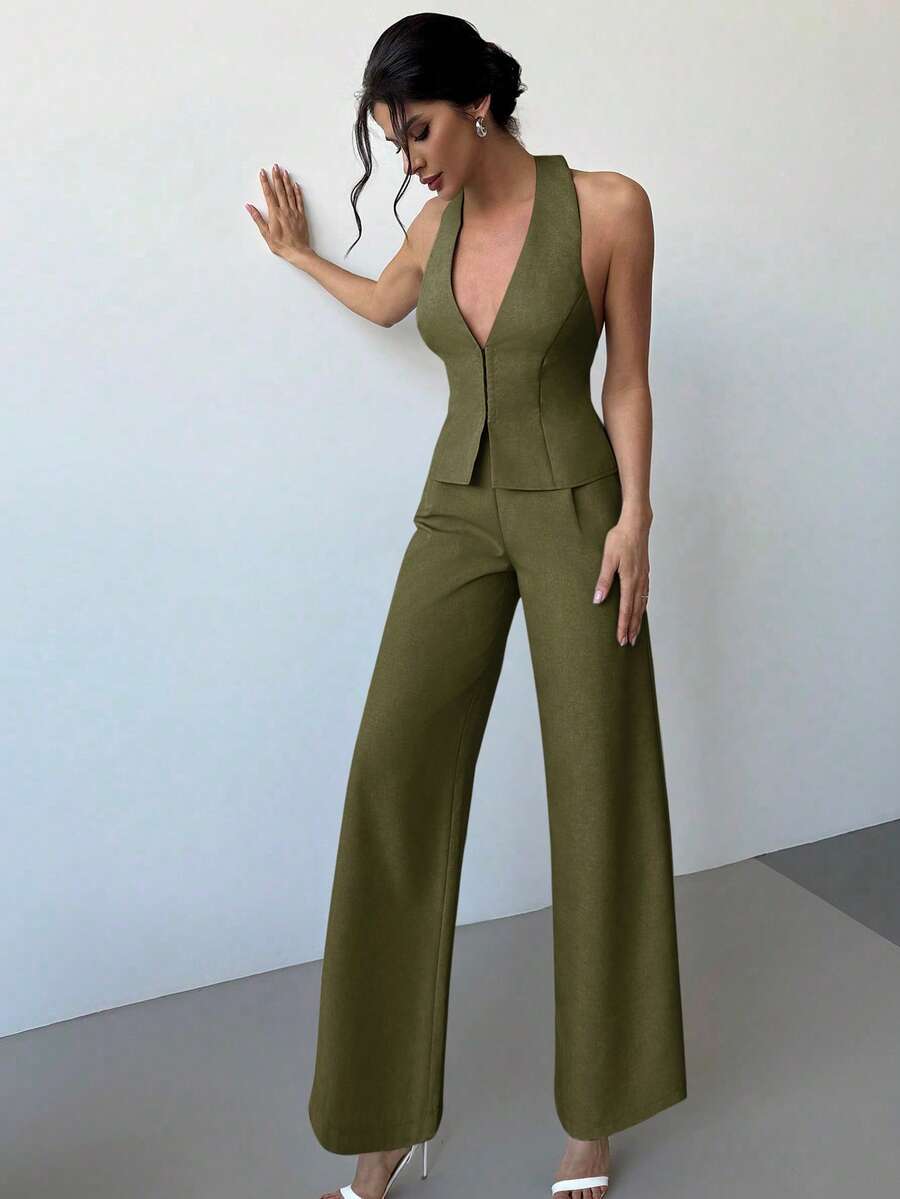Firerie 2件套:優雅時尚輕量亞麻V領無袖背心與高腰百褶寬腿褲,女款辦公休閒商務套裝,夏季 - 軍綠色 - 查看 1