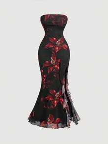 SHEIN MOD 黑色底色花卉印花女式长裙，配网眼荷叶边饰和侧开衩