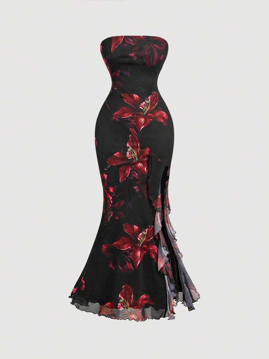 SHEIN MOD 黑色底色花卉印花女式长裙，配网眼荷叶边饰和侧开衩