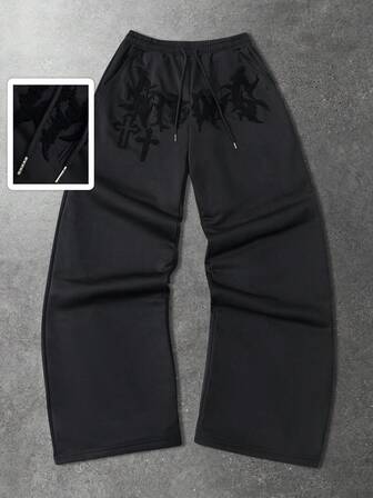 Pantalones de chándal rectos y sueltos con cintura elástica y cordón, con diseño cruzado creativo